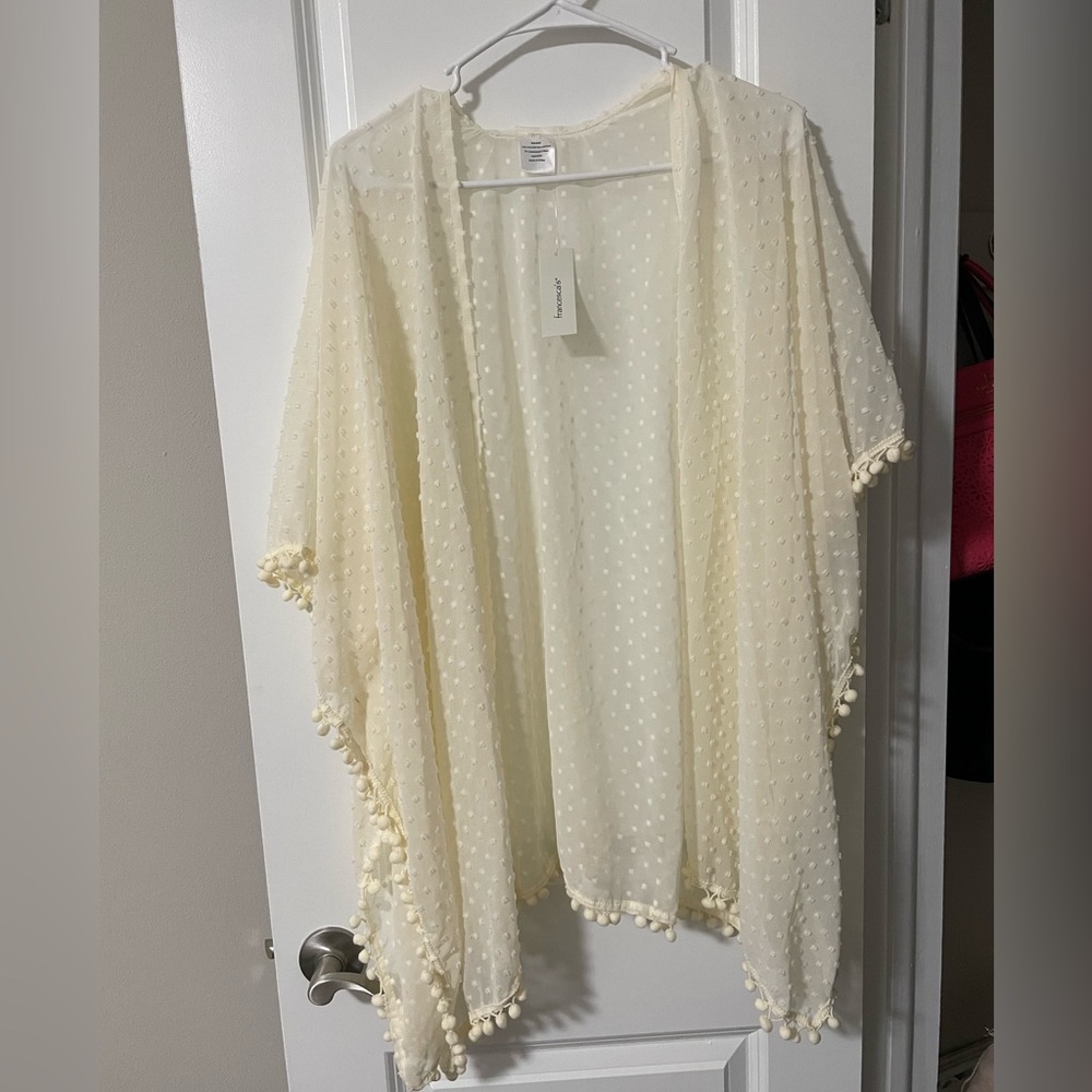 Cream Swiss Dot Sheer Kimono with Pom Pom Trim NWT